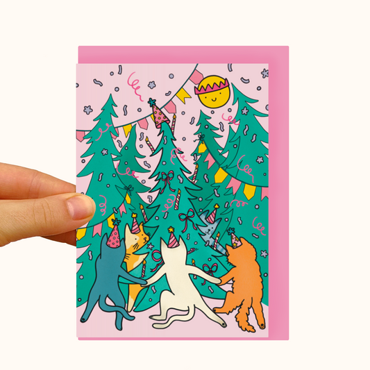 Birthday Xmas Party Tree Cat Greeting Card